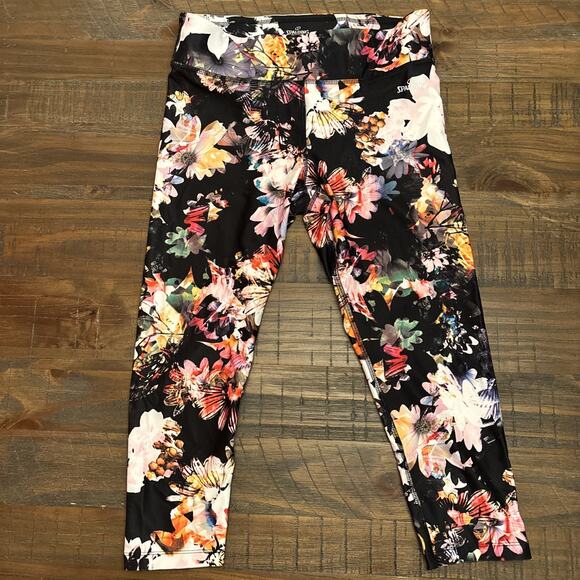 Spalding Womens Capri Leggings Size Medium Black Multicolor Floral High-rise - Picture 1 of 7